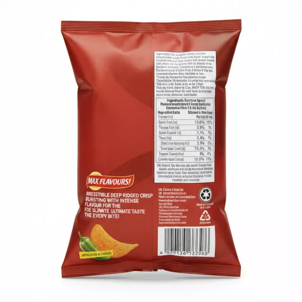 Walkers MAX Punchy Paprika bag back with nutritional info