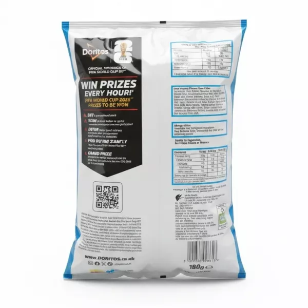 Back of Doritos Cool Original Flavour Corn Chips packaging with ingredients and nutrition information