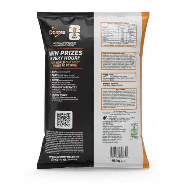 Doritos Tangy Cheese Flavour Corn Chips back packaging with nutritional information