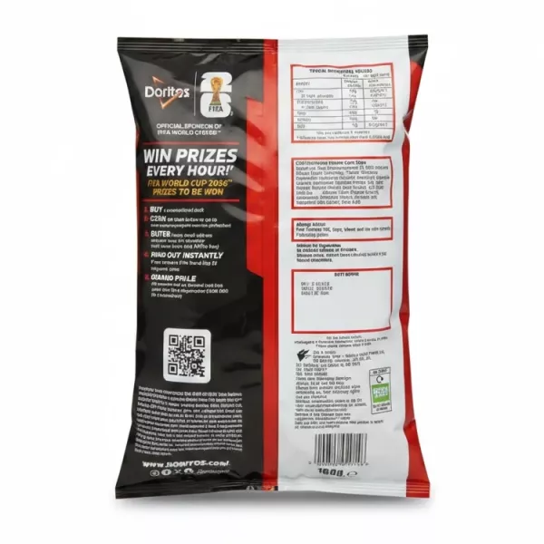 Back of Doritos Chilli Heatwave packet showing nutritional info and ingredients