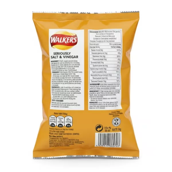 Back of Walkers Seriously Salt & Vinegar Crisps packet showing nutrition and ingredients