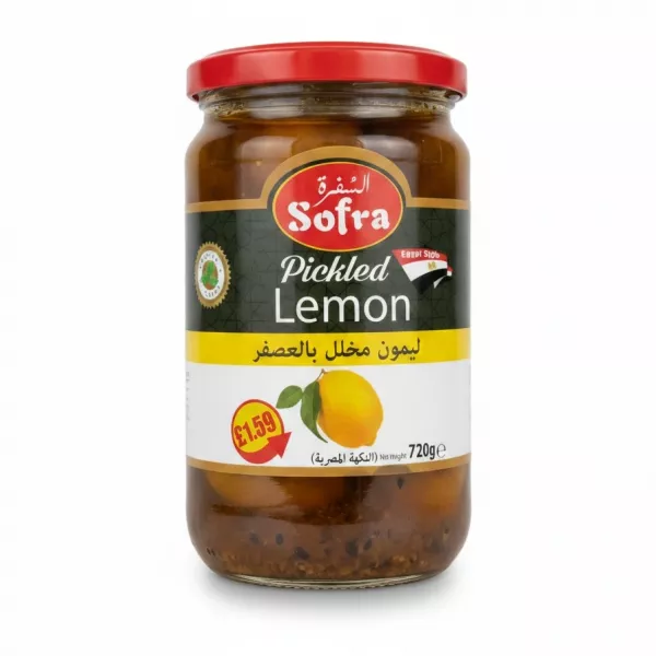 Jar of Sofra Pickled Lemon with red lid and label