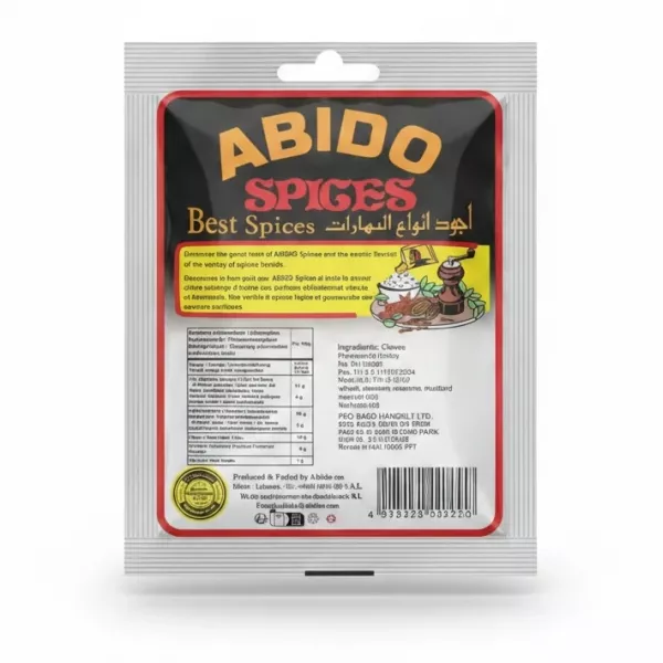 Abido Cloves 20g back packaging with ingredients and nutrition