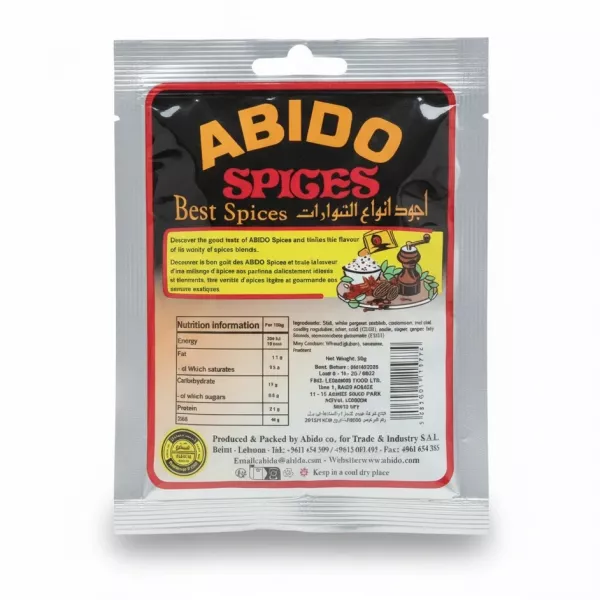 Abido Chicken Shawarma Spices 50g back packaging with nutritional info