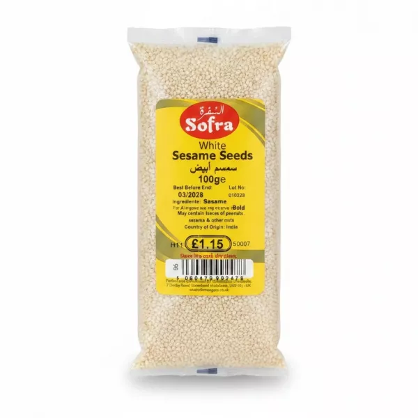 Pack of Sofra White Sesame Seeds showing seeds through clear packaging