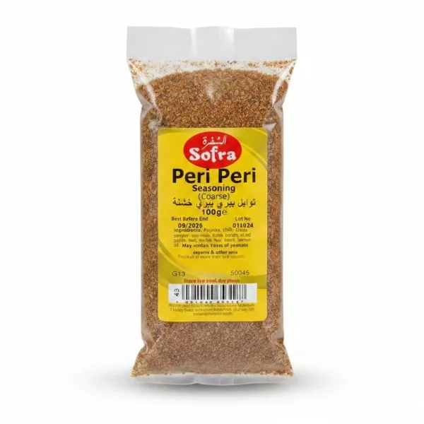 Sofra Peri Peri Coarse Seasoning 100g in clear pack with yellow label
