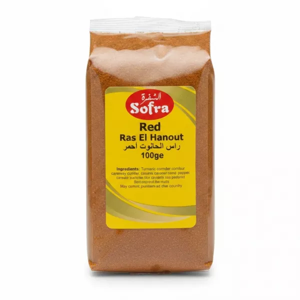 Packaged red Ras El Hanout spice blend in a transparent plastic bag with yellow label