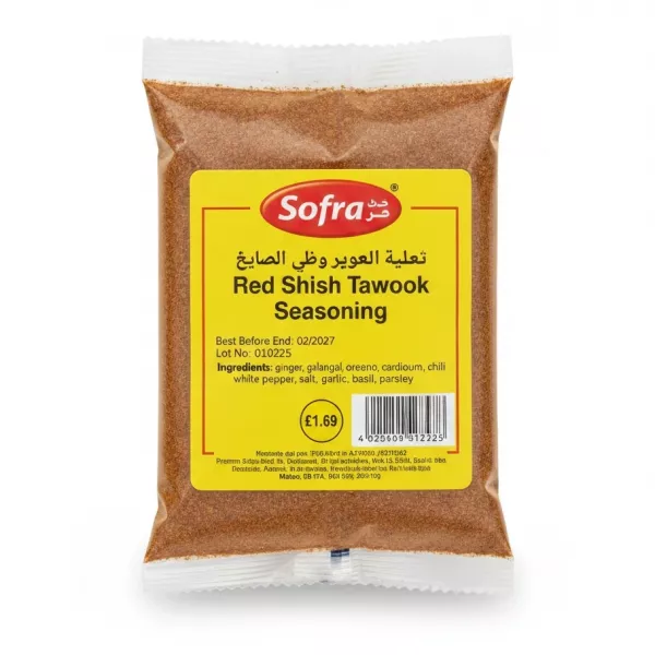 Packet of Sofra Red Shish Tawook Seasoning showing label with ingredients and price