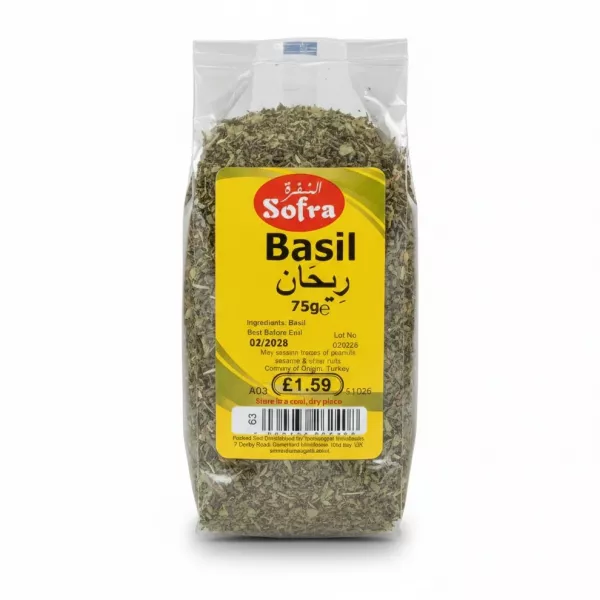 Sofra brand dried basil leaves in transparent plastic bag with yellow label