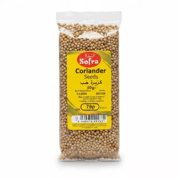 Pack of Sofra Coriander Seeds in clear plastic packaging with yellow label