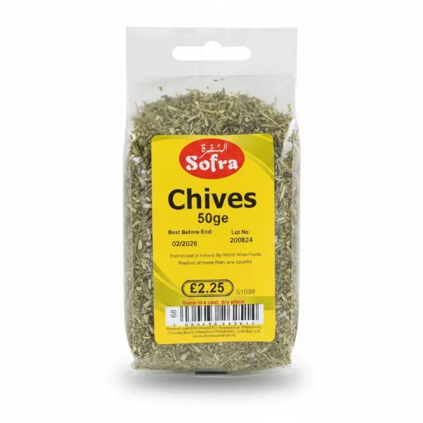 packet of Sofra dried chives showing 50g packaging with yellow label