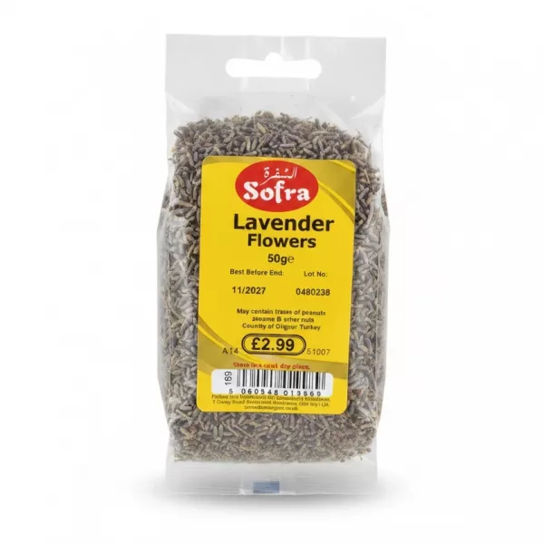 packet of Sofra brand dried lavender flowers 50g