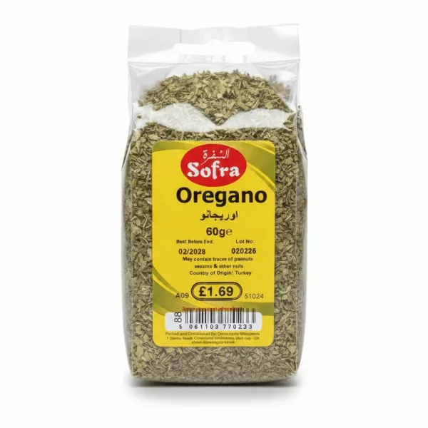 Clear bag of dried oregano leaves with yellow Sofra brand label