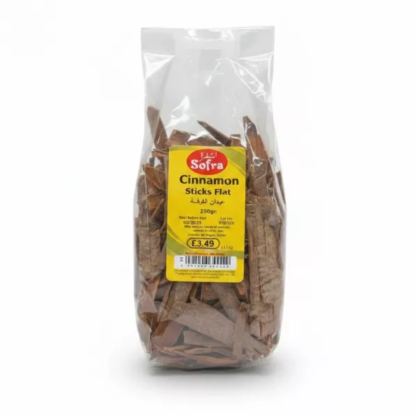 Sofra branded flat cinnamon sticks in clear packaging