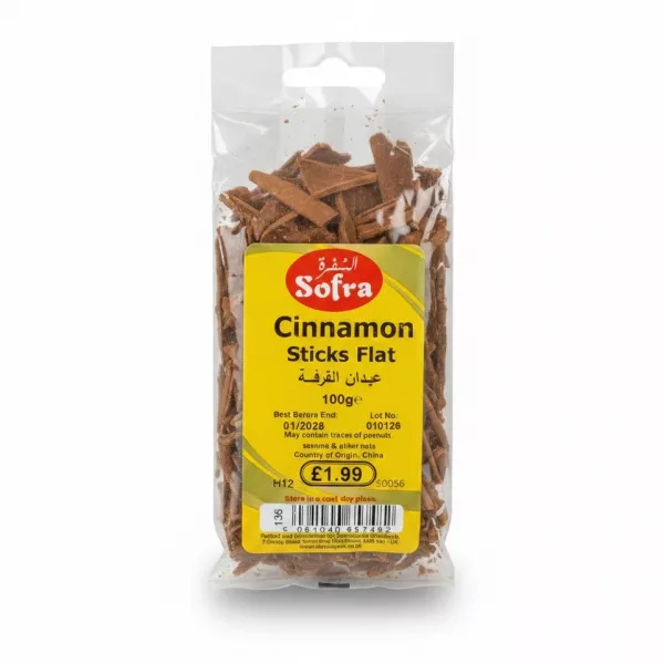 Clear pack of Sofra Cinnamon Sticks Flat showing flat shaped cinnamon pieces