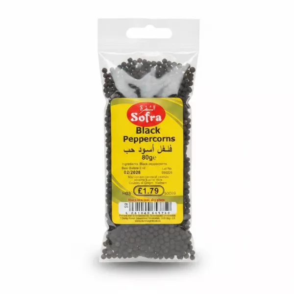 Pack of Sofra Black Peppercorns in clear plastic pouch with yellow label