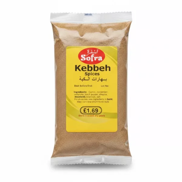 Sofra brand Kebbeh spice blend packet with yellow label showing ingredients and price