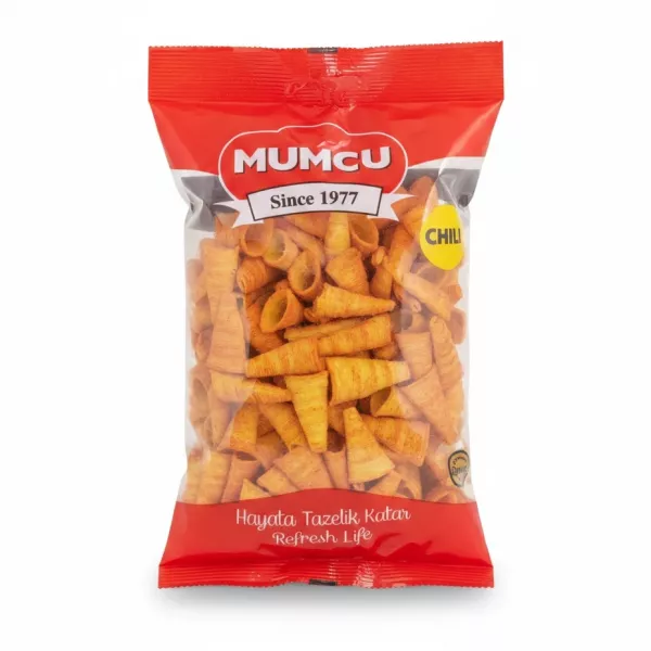 Pack of Mumcu Crunch Chili corn snacks in red and clear packaging