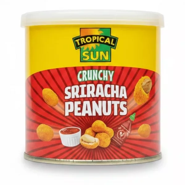 Tropical Sun Crunchy Sriracha Peanuts tin front label