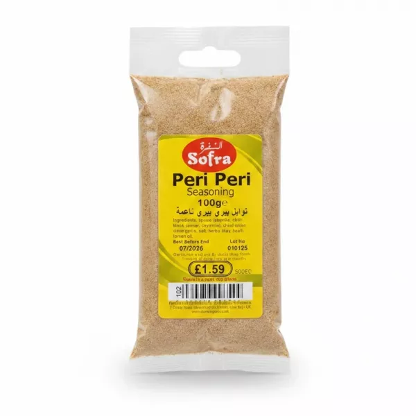 Sofra Peri Peri Seasoning 100g pack showing yellow label with ingredients and price