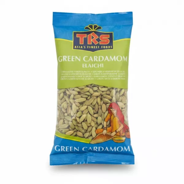 Packet of TRS Green Cardamom Elaichi showing green cardamom pods