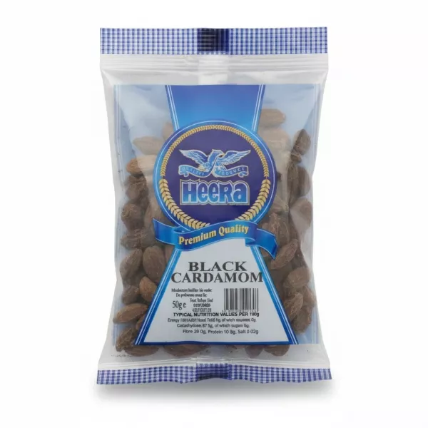 Heera brand black cardamom whole pods in resealable packet
