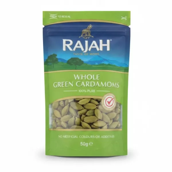 Rajah Whole Green Cardamoms resealable pouch front view