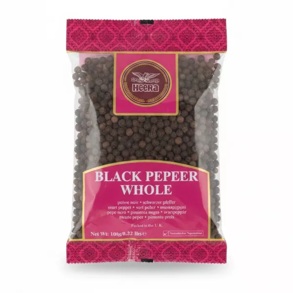 Packet of Heera brand whole black peppercorns with pink and gold packaging