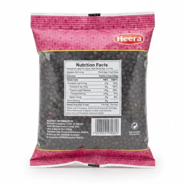 Back of Heera black pepper packet showing nutrition facts and allergy information