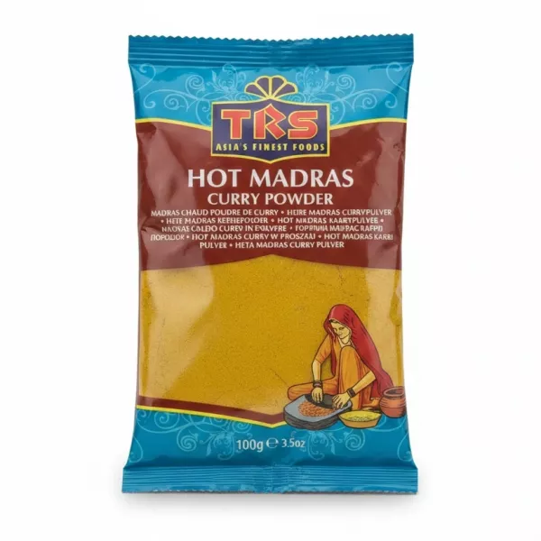 Pack of TRS Hot Madras Curry Powder showing front packaging with spices blend