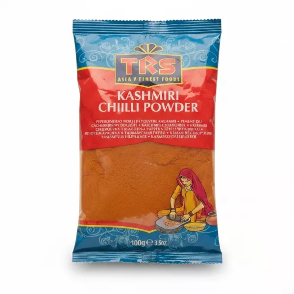 Packet of TRS Kashmiri Chilli Powder spice with red and blue packaging