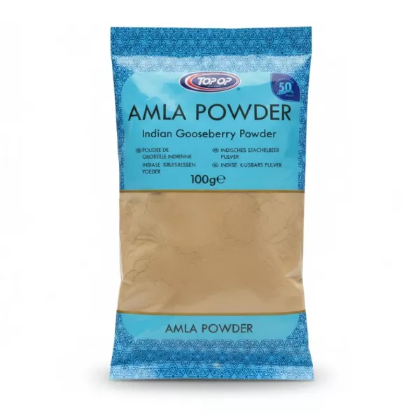 Packaged Top-Op Amla Indian Gooseberry Powder in blue and transparent bag