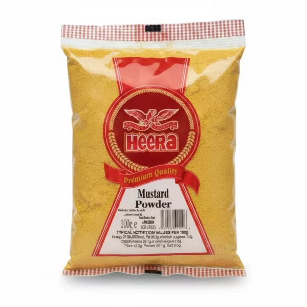 Pack of Heera Mustard Powder with red and transparent packaging showing finely ground mustard