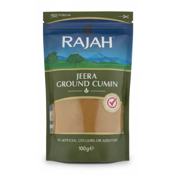 Front packaging of Rajah Jeera Ground Cumin 100g pouch