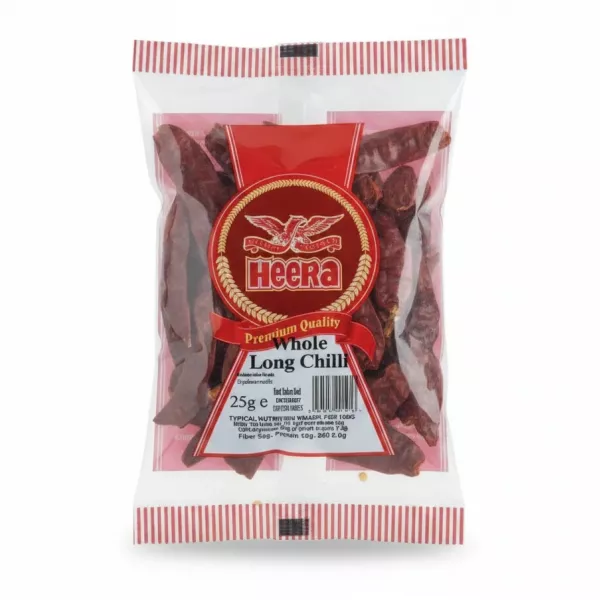 Front view of Heera premium whole long chilli 25g pack