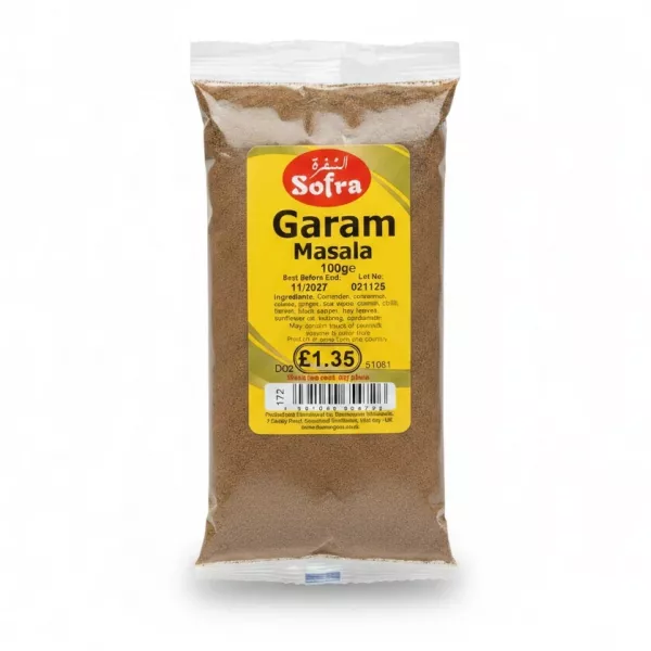 Sofra Garam Masala 100g spice mix pack with yellow label on clear bag