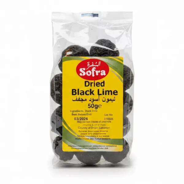 Package of Sofra dried black limes on a white background