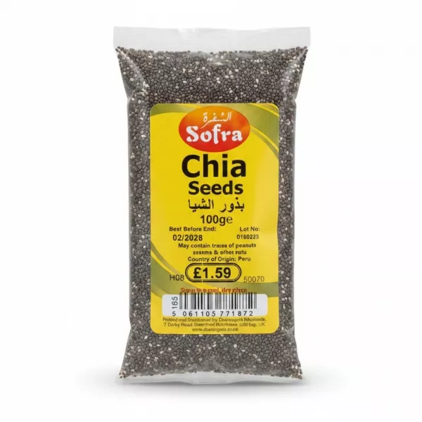 Sofra brand chia seeds 100g resealable bag showing product label and contents