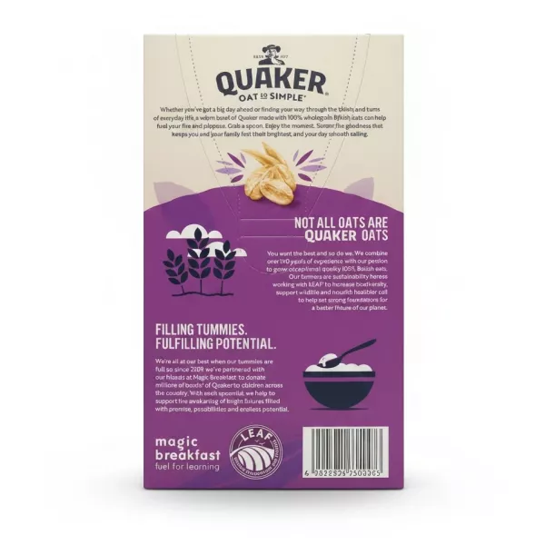 Back of Quaker Oat So Simple box with product description and sustainability info