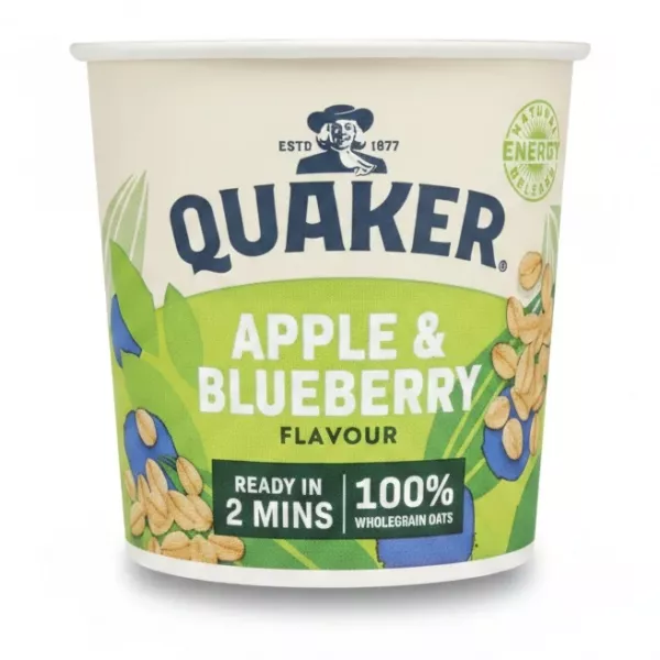 Quaker apple and blueberry flavoured porridge cup front view