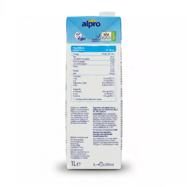 Nutrition facts and ingredients details on Alpro soya drink carton