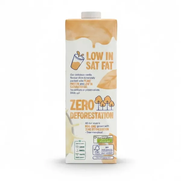 Alpro vanilla flavour soya drink carton side with product benefits