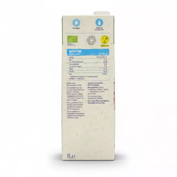 Nutritional and ingredient information on Alpro organic soya drink carton