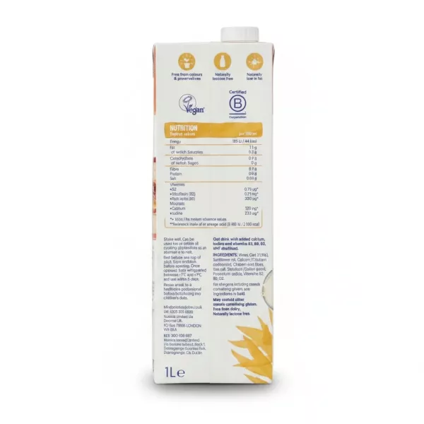 Nutrition and ingredients information on Alpro oat drink carton