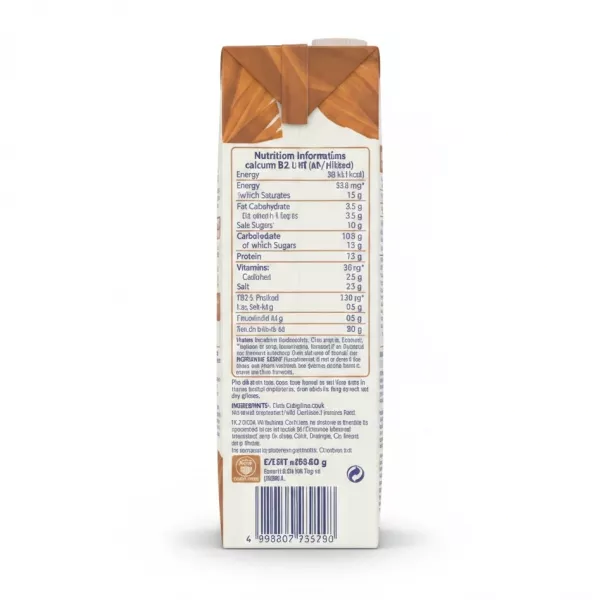 Nutritional information and ingredients list on Alpro almond milk carton side