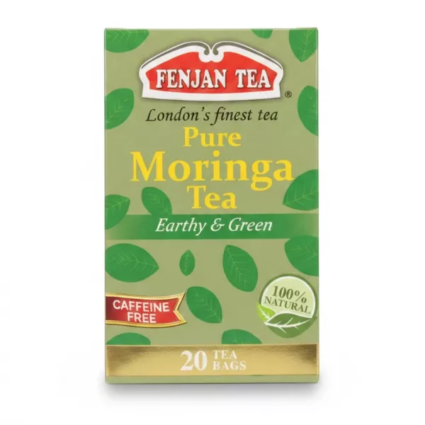 Front view of Fenjan Pure Moringa Tea box showing branding and leaf design