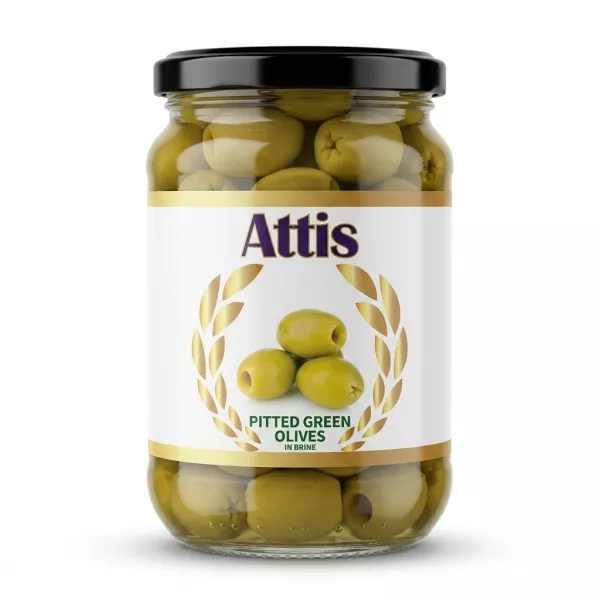 Enhanced Jar of Attis Pitted Green Olives in Brine held in hand