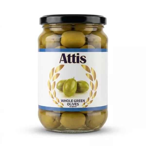 Enhanced Jar of Attis Whole Green Olives in brine front label