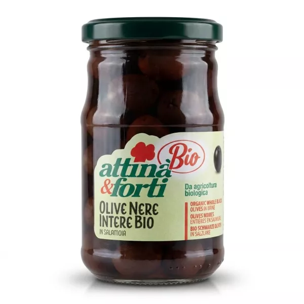 Enhanced Front view of Attinà & Forti Bio Whole Black Olives jar