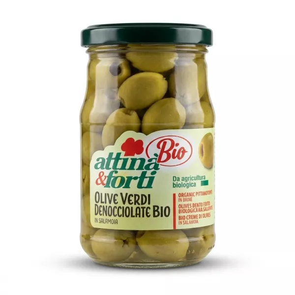 Enhanced Front label of Attinà & Forti Bio Pitted Green Olives jar